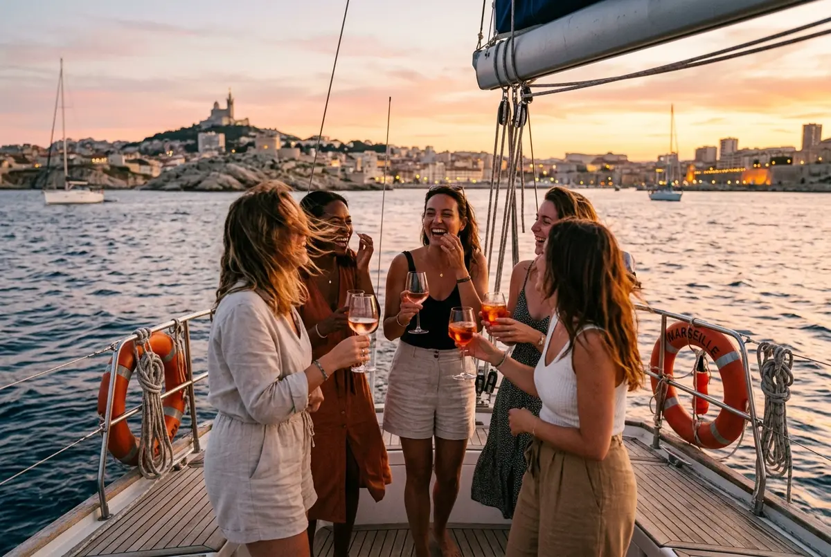 groupe de femmes riant sur le pont dun bateau lors dune sortie bateau marseille evjf au coucher du soleil avec des verres a la main