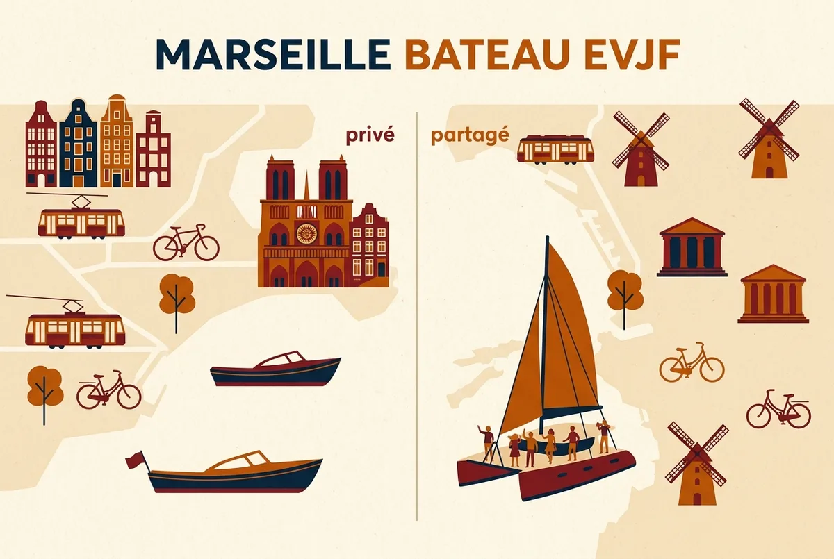 infographie comparant une privatisation de bateau pour un petit groupe evjf et un catamaran partage pour un grand groupe lors dune sortie bateau marseille evjf avec des etiquettes generiques prive et partage