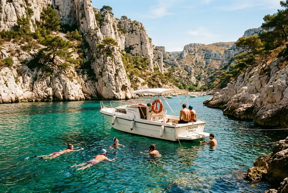 Small motorboat anchored beside white limestone cliffs in a Calanques National Park cove near Marseille with passengers swimming in turquoise water