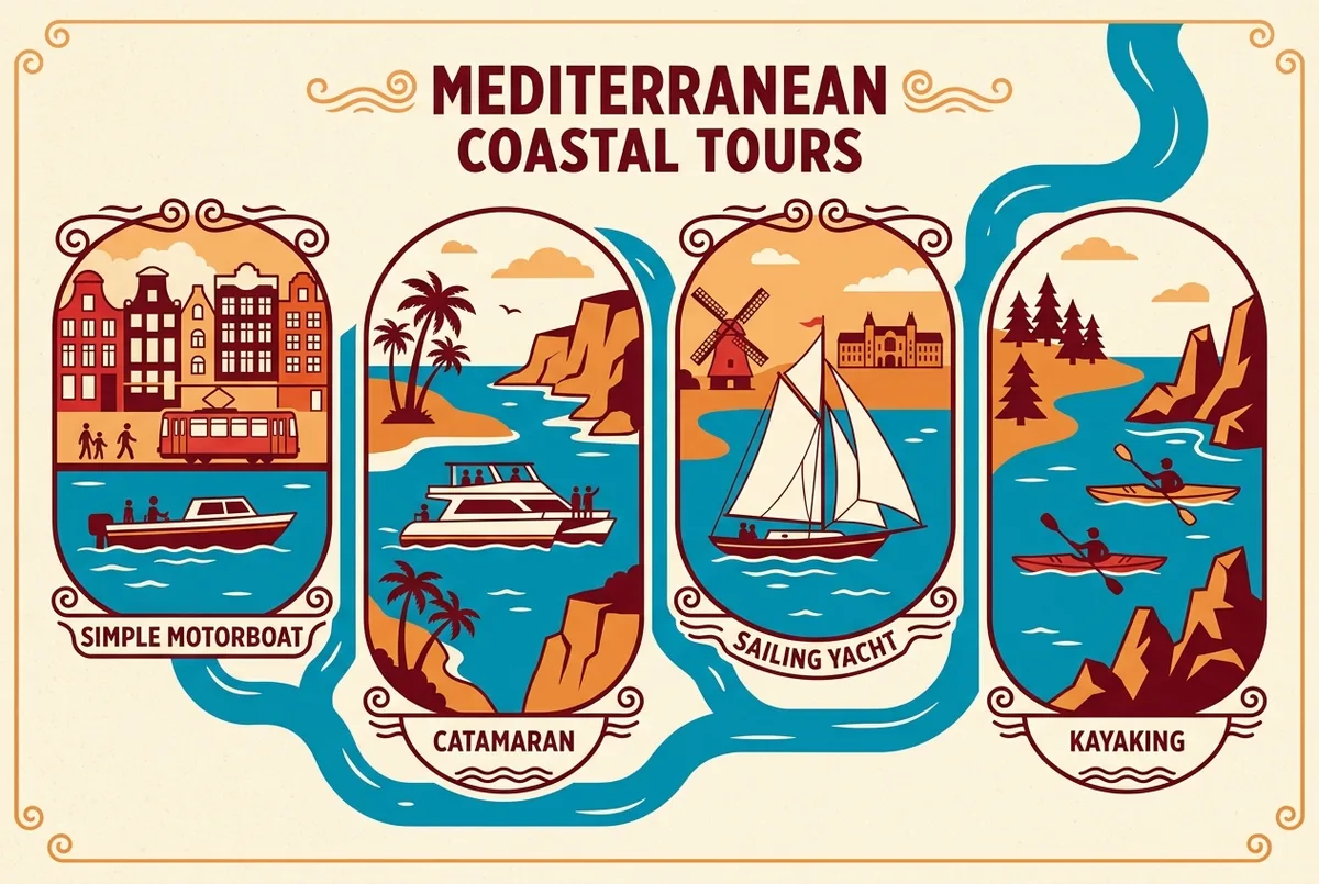 Flat infographic comparing four Marseille calanques boat tour styles, motorboat, catamaran, sailing yacht and kayak, each with a simple icon and price range label