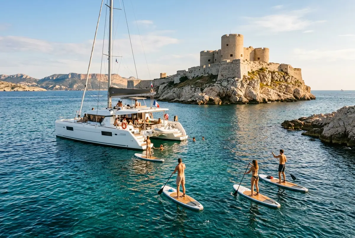 Wide catamaran with passengers on standup paddleboards near Chateau d'If on a sunny Marseille boat tour