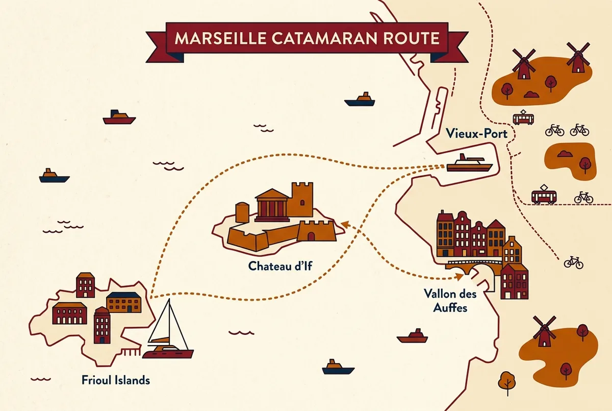 Map illustration of a catamaran route from the Vieux-Port past Vallon des Auffes and Chateau d'If to the Frioul Islands near Marseille