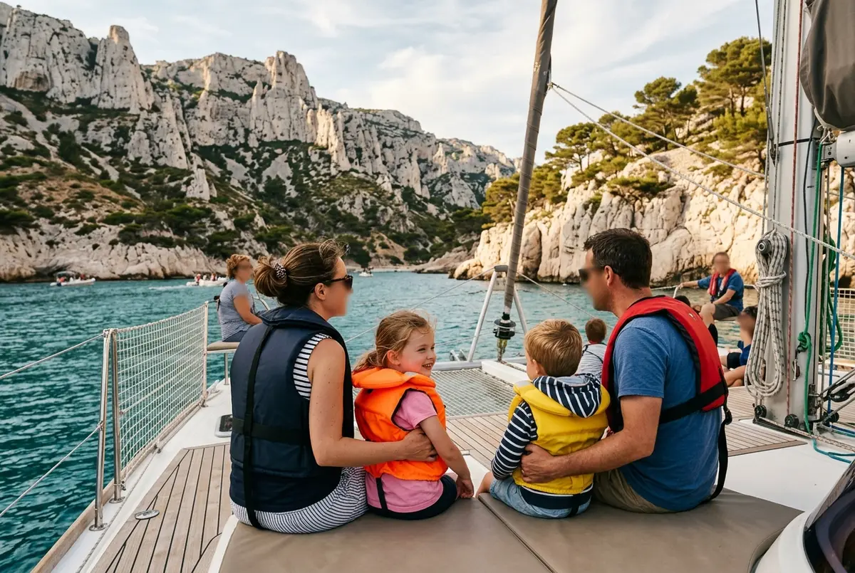 Family with young children on a catamaran deck during a calanques boat tour near Marseille, life jackets on, limestone cliffs in the background
