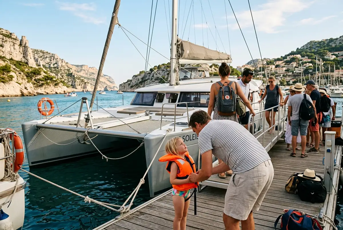 Illustrated scene of a family boarding a catamaran for a calanques boat tour near Marseille, with a parent helping a child into a life jacket on the dock