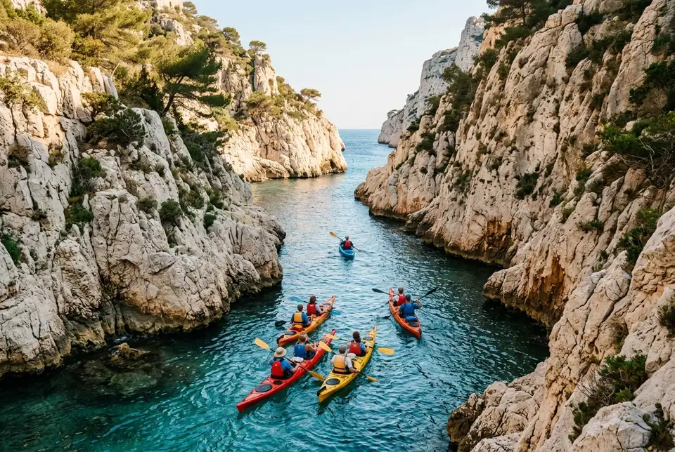 Kleine Gruppe paddelt Seekajak durch eine schmale türkisfarbene Bucht zwischen Kalksteinklippen in den Calanques nahe Marseille