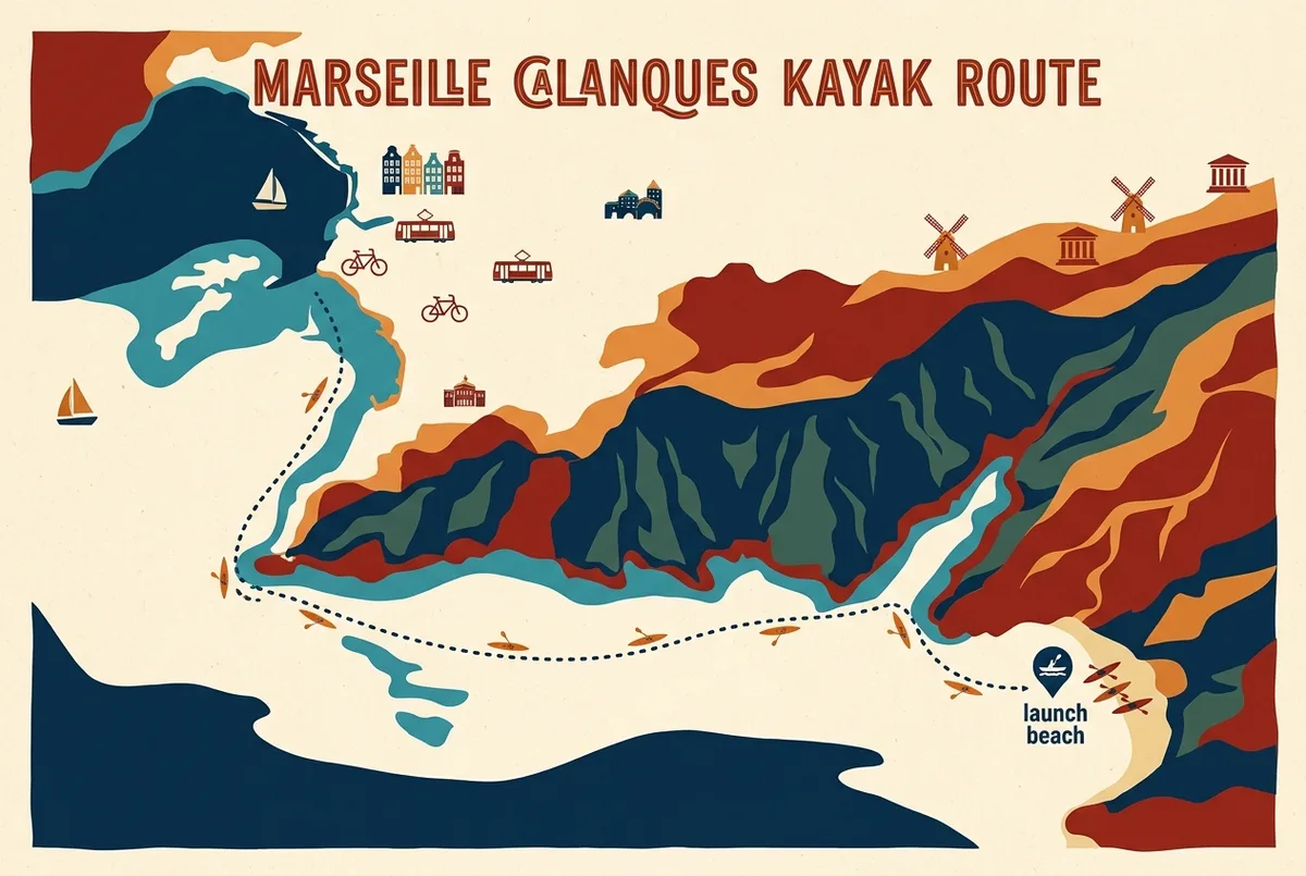 Karteninfografik zeigt eine geführte Seekajak Route nah an den Klippen zwischen engen Calanques Buchten nahe Marseille mit markiertem Startstrand
