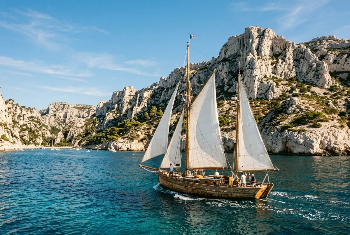 Wooden sailing ketch with white sails cruising past the limestone cliffs of the Calanques near Marseille under a clear sky