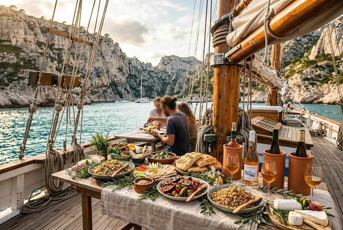 Editorial photo of a chef-prepared vegetarian buffet with organic wine served on the deck of a wooden sailing ketch during a Marseille Calanques cruise