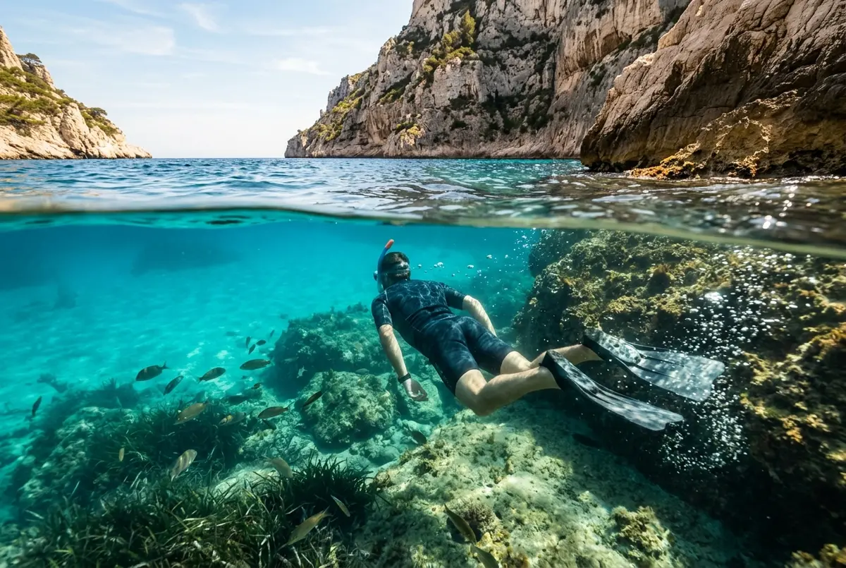 voyageur en randonnee palmee avec masque et tuba observant les fonds marins pres dune falaise calcaire dans une calanque turquoise pres de marseille