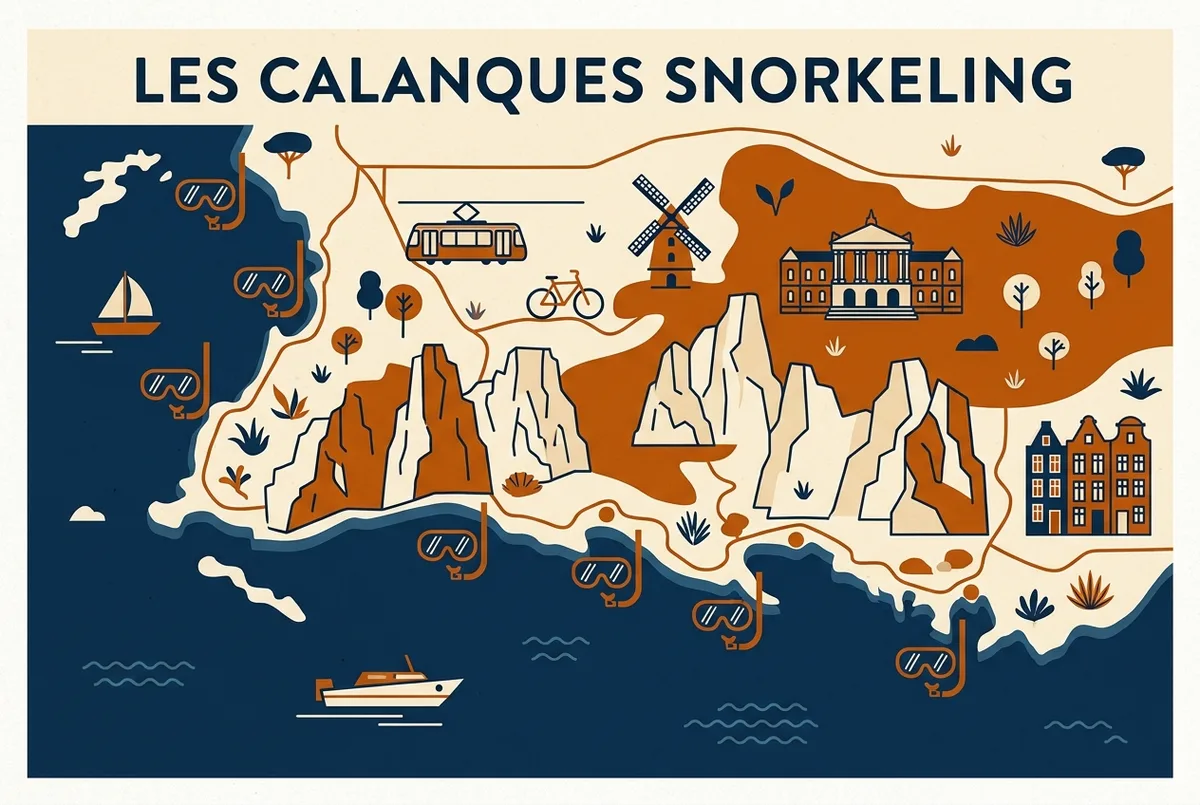 carte simple montrant plusieurs spots de snorkeling dans les calanques de sormiou morgiou et sugiton pres de marseille avec des icones generiques de masque et tuba
