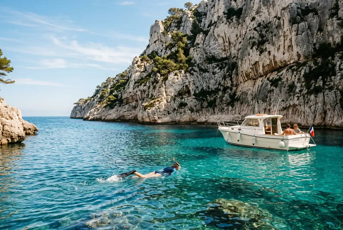 Snorkelista nell'acqua turchese di una cala delle Calanques vicino a Marsiglia con un motoscafo ancorato accanto alle scogliere calcaree bianche