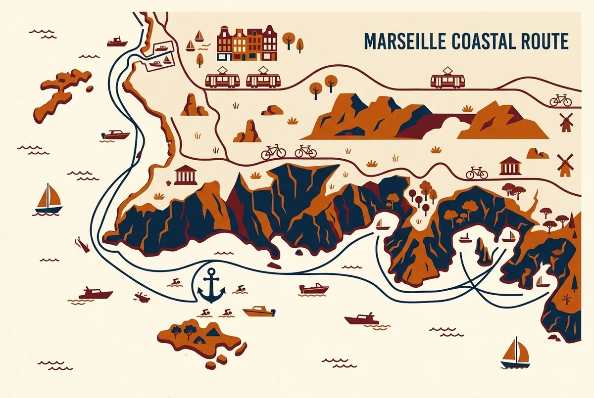 Mappa illustrata che mostra il percorso di un motoscafo da Port de la Pointe Rouge oltre Sormiou e Morgiou fino a una sosta bagno vicino all'Isola di Riou nelle Calanques vicino a Marsiglia