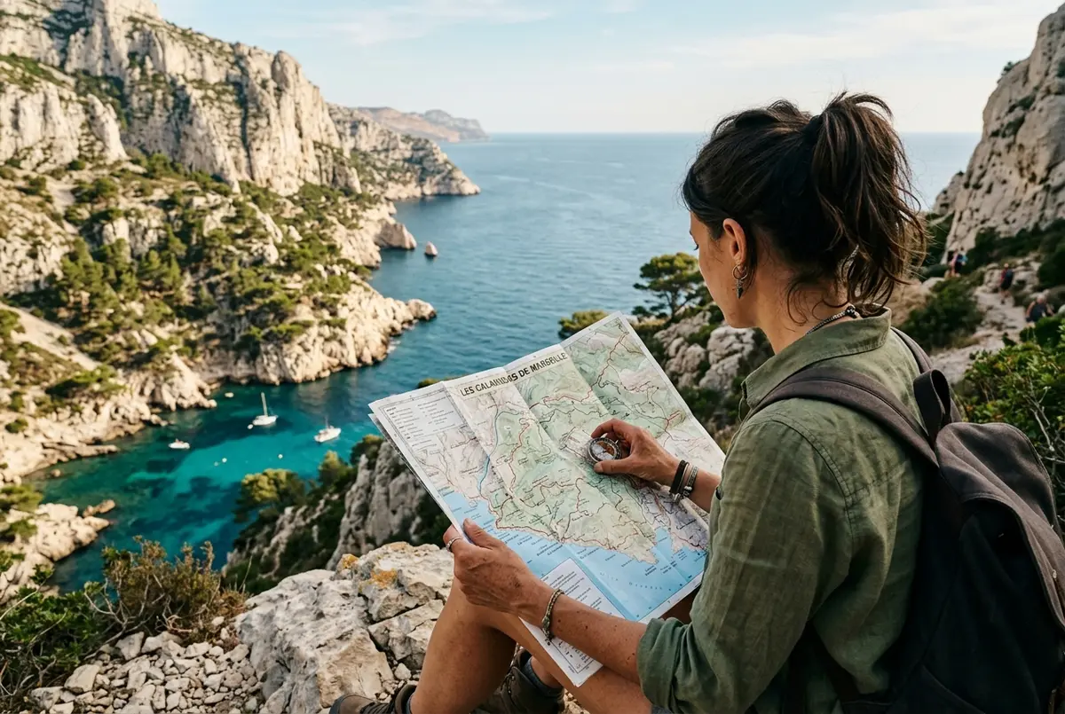 Traveler comparing routes on a paper map of the Calanques coastline near Marseille with limestone cliffs and turquoise coves in the background