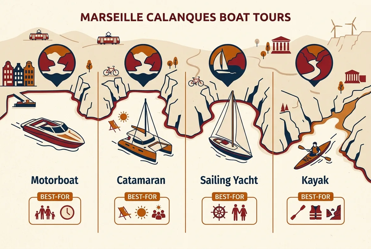 Infographic comparing four Calanques boat tour styles near Marseille, motorboat, catamaran, sailing yacht and kayak, each paired with a cove icon and a best-for label