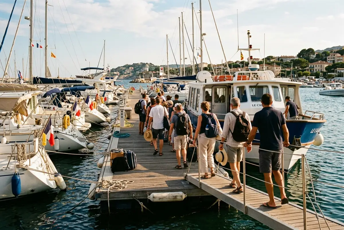 voyageurs embarquant pour une excursion aux calanques au port de la pointe rouge a marseille avec des bateaux amarres le long dun ponton flottant