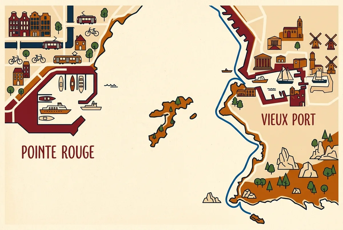 carte simple comparant deux points de depart marseillais pour les excursions aux calanques le port de la pointe rouge et le vieux port avec le trajet cotier vers le parc national marque