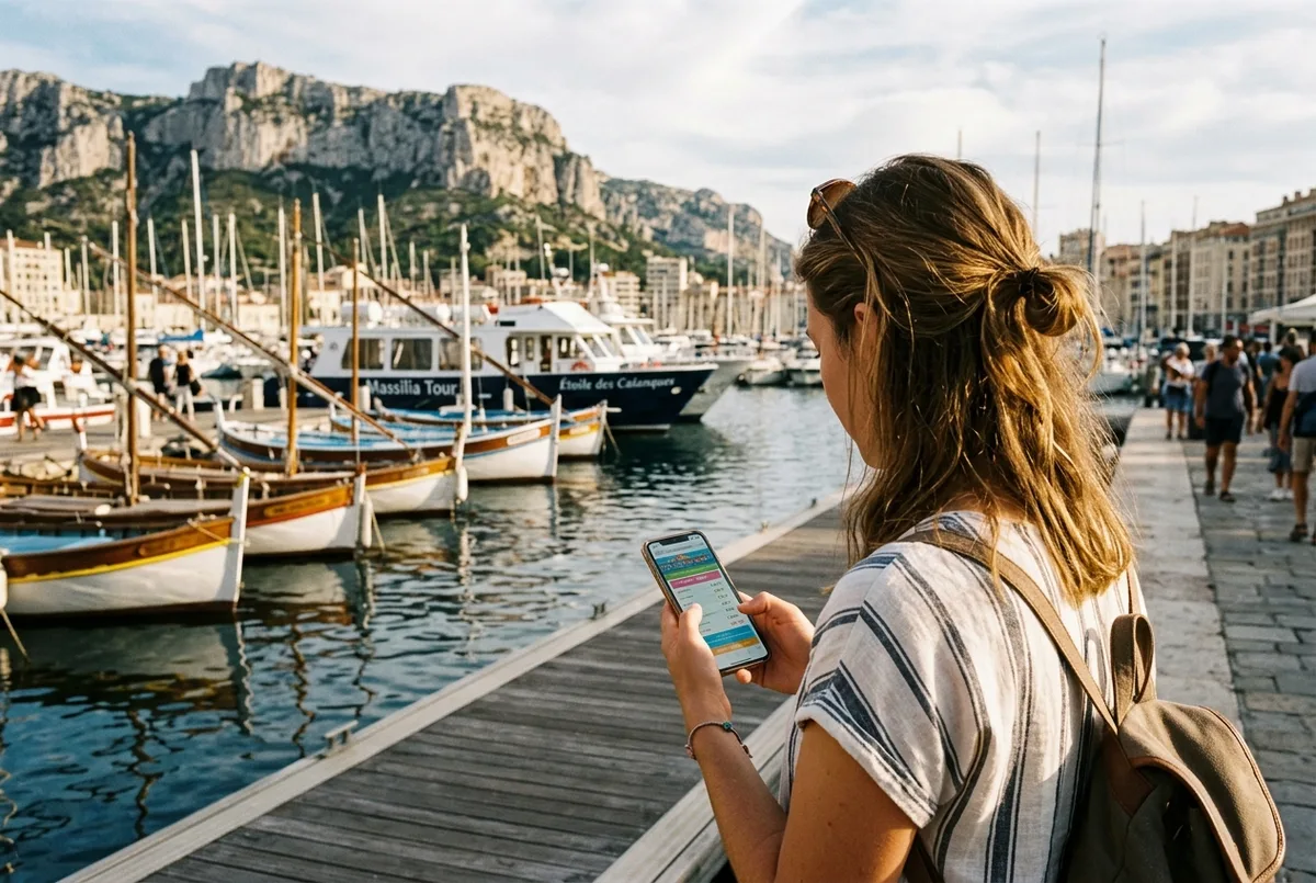 Traveler checking a boat tour price list on a phone at a Marseille marina with calanques boats moored in the background