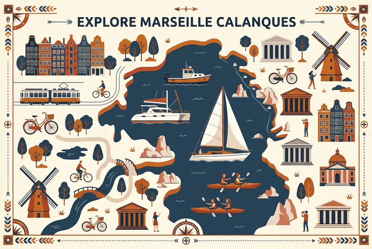 Price comparison infographic showing four Marseille calanques boat tour tiers, motorboat, catamaran, sailing yacht and kayak, each with a euro price range label