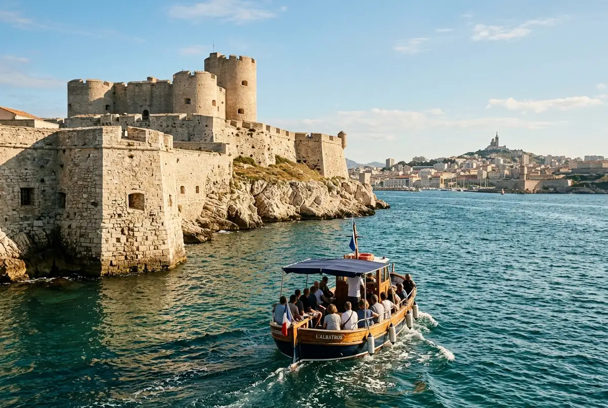 Small tour boat approaching the stone ramparts of Chateau d'If fortress with the Frioul Islands and open sea in the background near Marseille