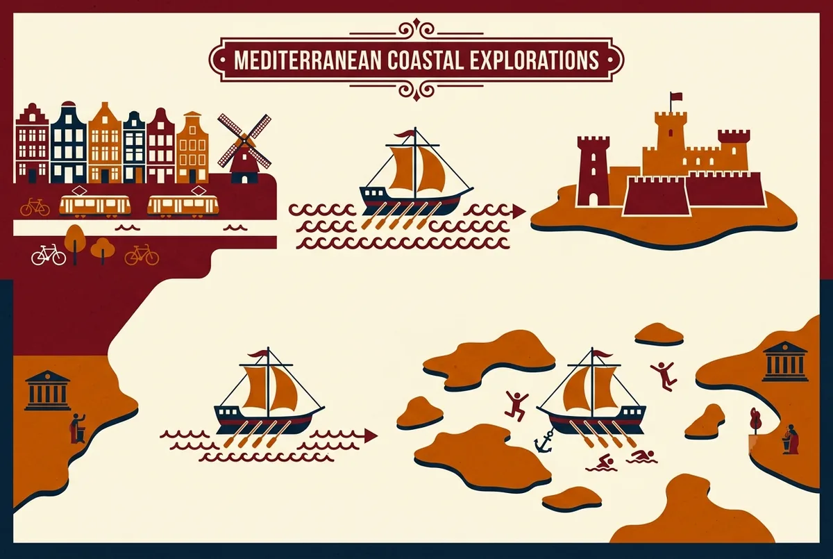 Map illustration comparing a Marseille boat route that lands at a fortress island against a separate route anchoring for swimming near a wider island archipelago
