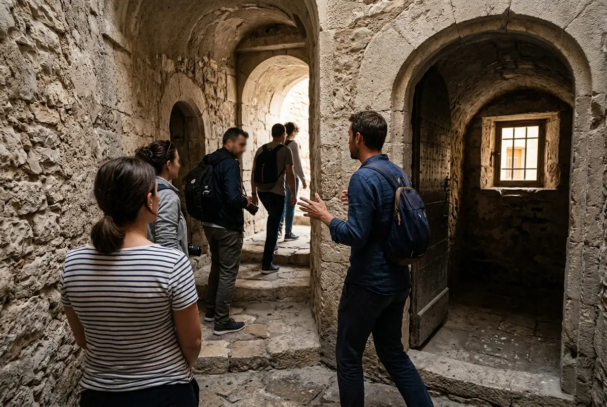 Guide leading a small group through the stone cells inside Chateau d'If fortress with sea views through a narrow window near Marseille