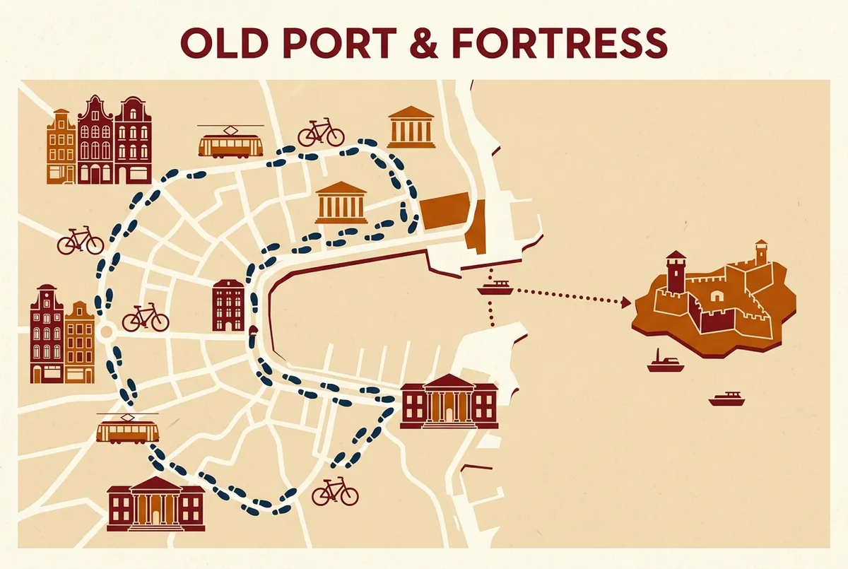 Map illustration showing a walking route through Marseille's Old Port connecting to a short boat crossing that lands at a fortress island