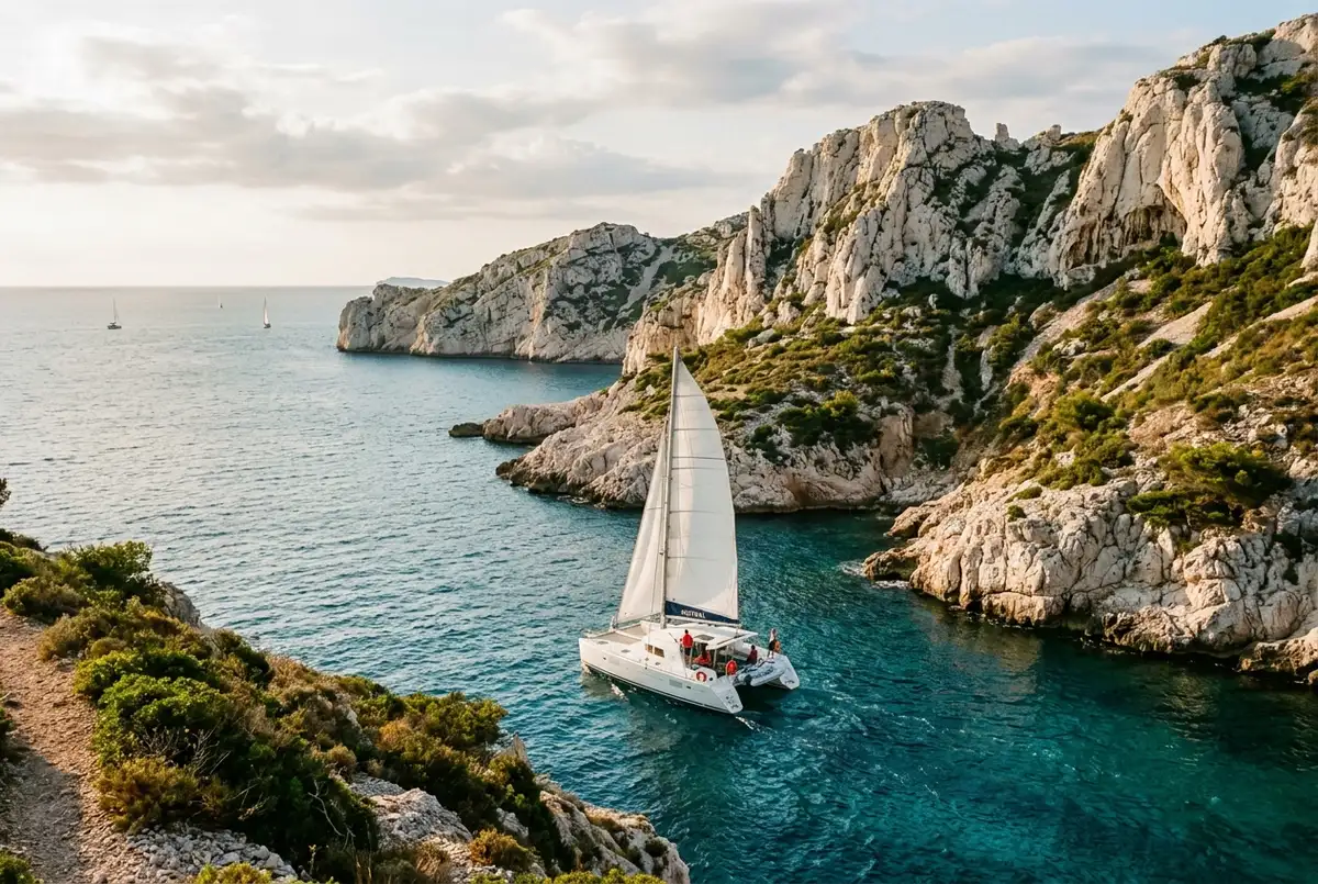 catamaran naviguant le long des falaises calcaires isolees de la cote bleue pres de niolon a louest de marseille avec peu dautres bateaux visibles