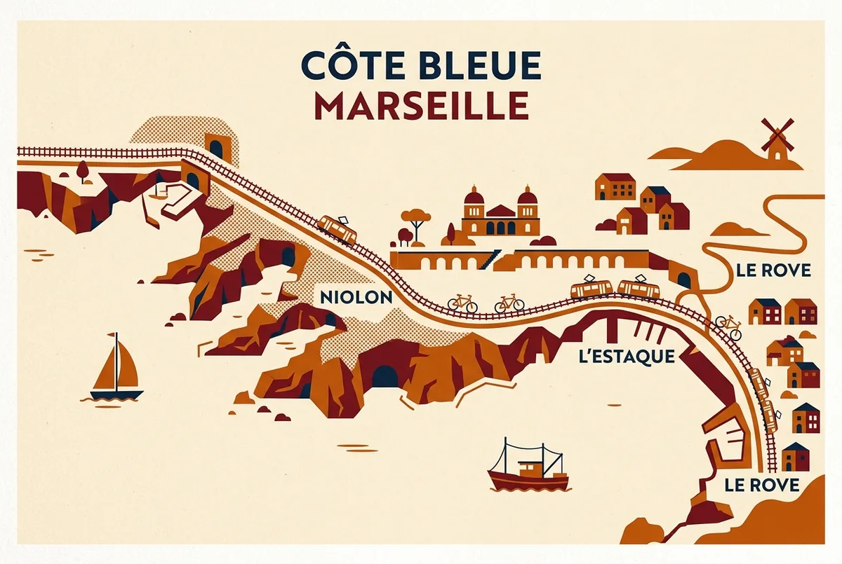 carte simple montrant la cote bleue a louest de marseille entre lestaque niolon et le rove avec une icone generique de bateau