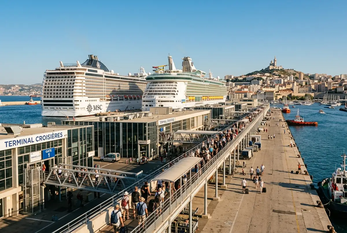 Row of cruise ship terminals at the Marseille port with MSC and Royal Caribbean style vessels docked beside gangways under a clear coastal sky
