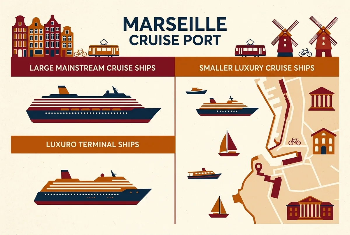 Comparison table style graphic showing large mainstream cruise ships and smaller luxury cruise ships assigned to different terminal types at the Marseille cruise port