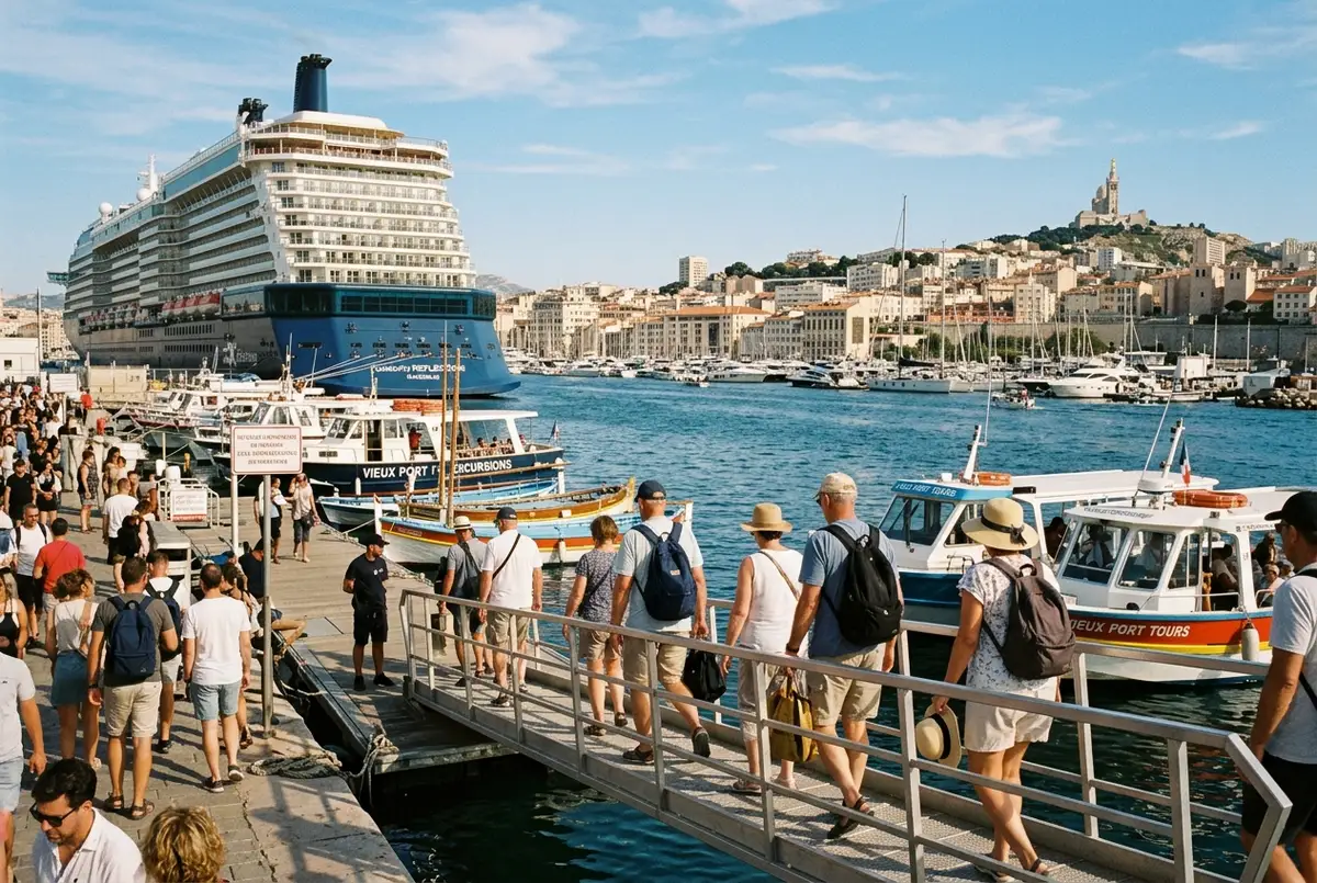 Cruise passengers walking down a gangway toward small tour boats moored at the Marseille Vieux-Port with a cruise ship visible in the background