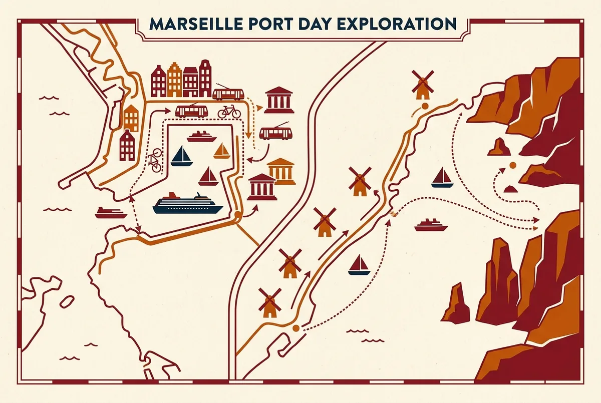 Simple diagram showing a Marseille cruise port day split into a short two hour option near the harbor and a longer half day option out to the calanques