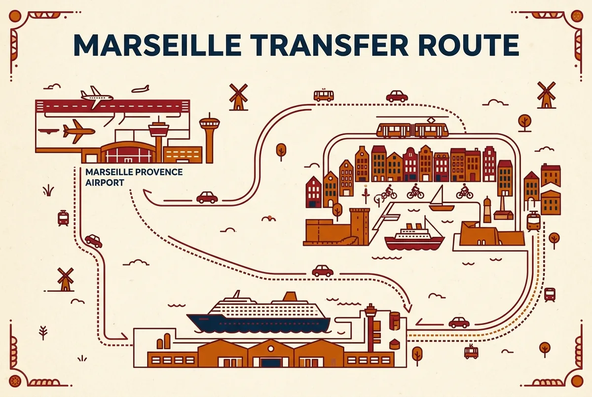 carte simple montrant le trajet entre le quai des paquebots au mole leon gourret le centre ville de marseille et le vieux port avec des icones generiques