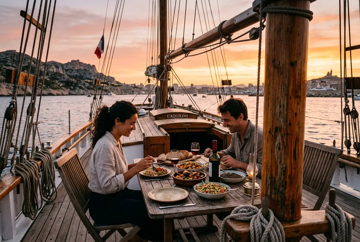 Couple sharing a seated vegetarian dinner on the wooden deck of a traditional schooner at sunset near Marseille