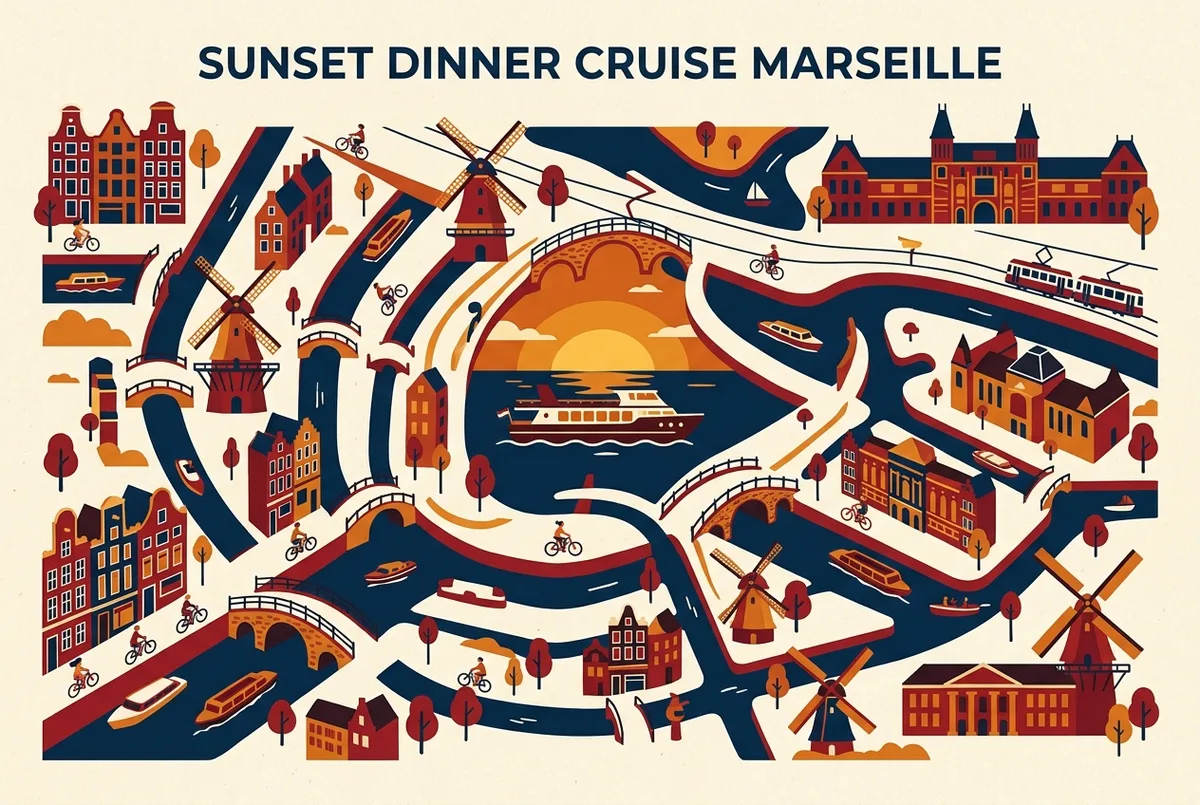 Map illustration of a traditional schooner sailing from Marseille's Old Port to a quiet cove near an island archipelago for an evening swim before sunset