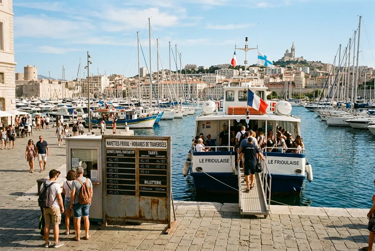 quai du vieux port de marseille avec un panneau dhoraires generique et un bateau amarre pret pour la traversee vers le frioul