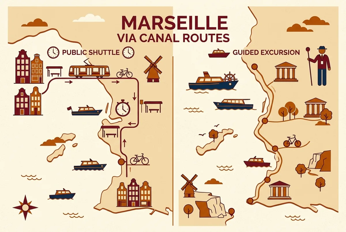infographie simple comparant navette publique et excursion guidee avec des icones generiques horloge et bateau pres de marseille