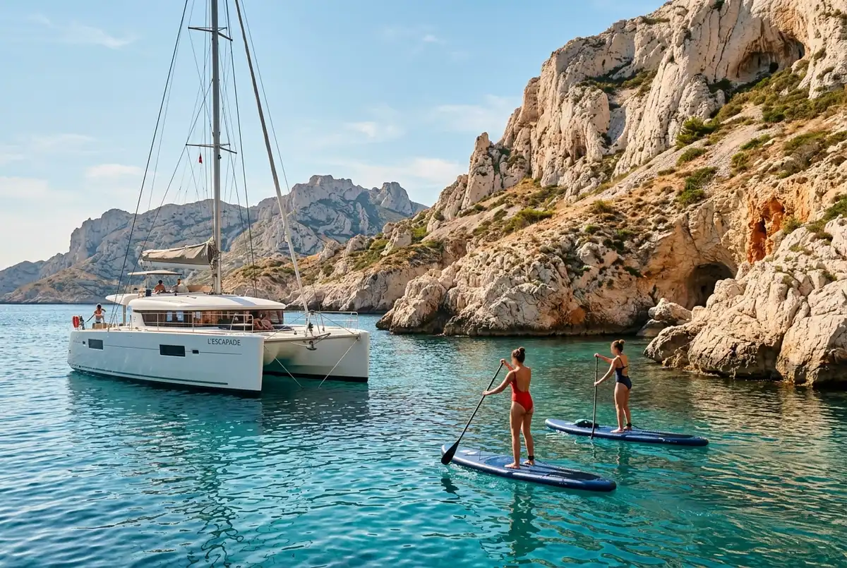 Passengers paddleboarding beside a catamaran anchored near the limestone cliffs of the Frioul Islands off Marseille on a sunny afternoon
