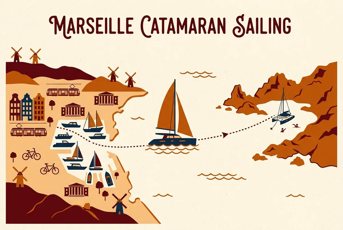 Map illustration of a catamaran sailing from Marseille's Old Port directly to a sheltered cove near a rocky island archipelago for an anchored swim stop