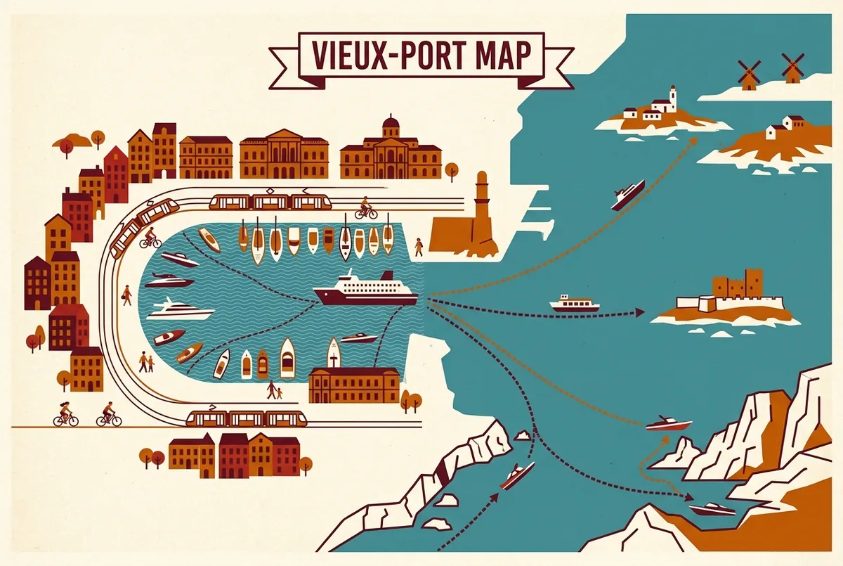 Map of Marseille's Vieux-Port with boat routes to the Calanques, Chateau d'If and the Frioul Islands