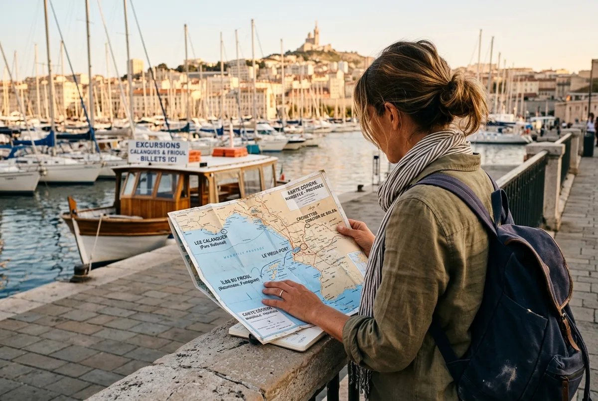 Traveler studying a coastal map of Marseille at a harbor railing, deciding between the calanques, the Frioul Islands, the Old Port and a sunset cruise
