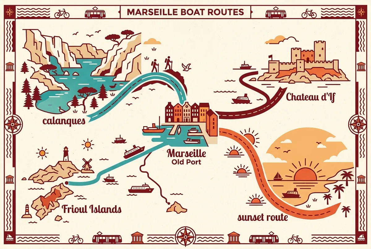 Simple decision map illustration showing four Marseille boat routes branching from the Old Port toward the calanques, Chateau d'If, the Frioul Islands and a sunset route