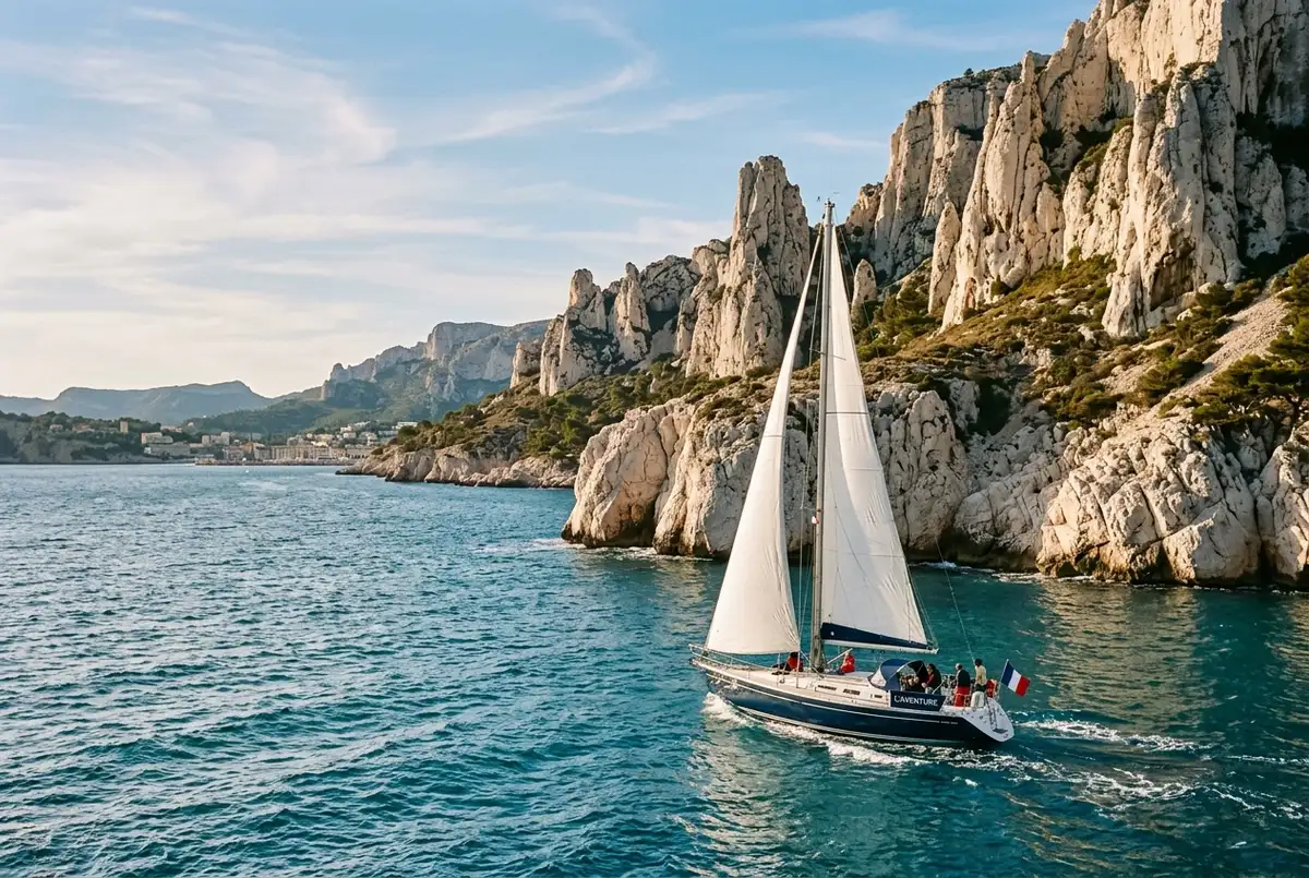 Sailing boat cruising the calanques coastline between Marseille and the harbor town of Cassis with limestone cliffs on one side