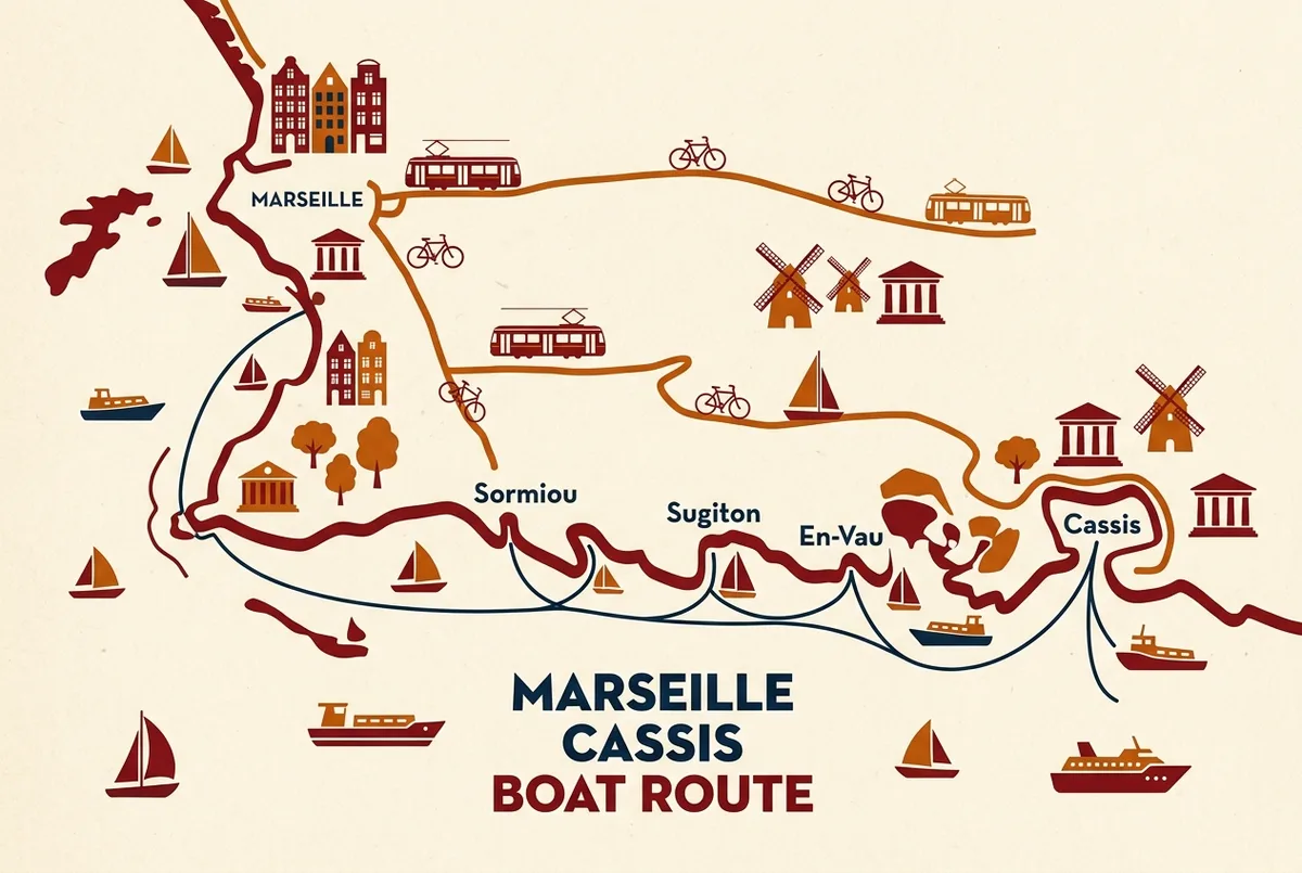Map illustration showing a longer calanques boat route from Marseille toward Cassis, passing Sormiou, Sugiton and En-Vau before reaching the Cassis harbor