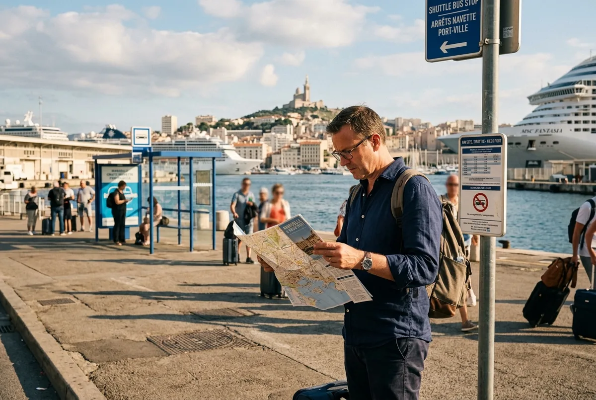 Pasajero de crucero consultando un mapa en papel junto a una parada de lanzadera del puerto de Marsella antes de dirigirse solo hacia el Vieux Port
