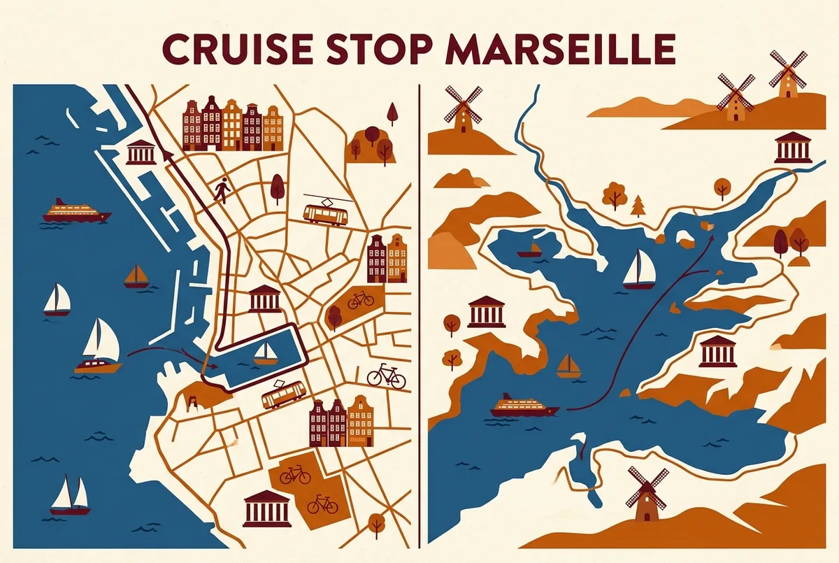 Mapa sencillo comparando la ruta a pie desde el puerto de cruceros de Marsella hasta el Vieux Port con la ruta en barco hasta las Calanques