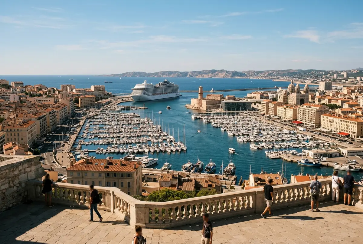 Vista desde lo alto de Notre Dame de la Garde sobre el Vieux Port de Marsella con un crucero visible en el puerto al fondo bajo cielo despejado