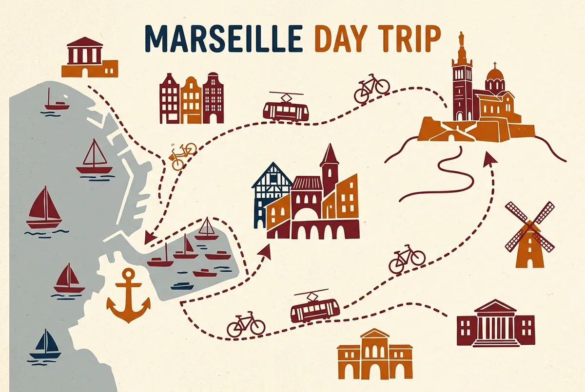 Mapa sencillo con un itinerario a pie de un día de crucero en Marsella marcando el Vieux Port, Notre Dame de la Garde y el barrio de Le Panier