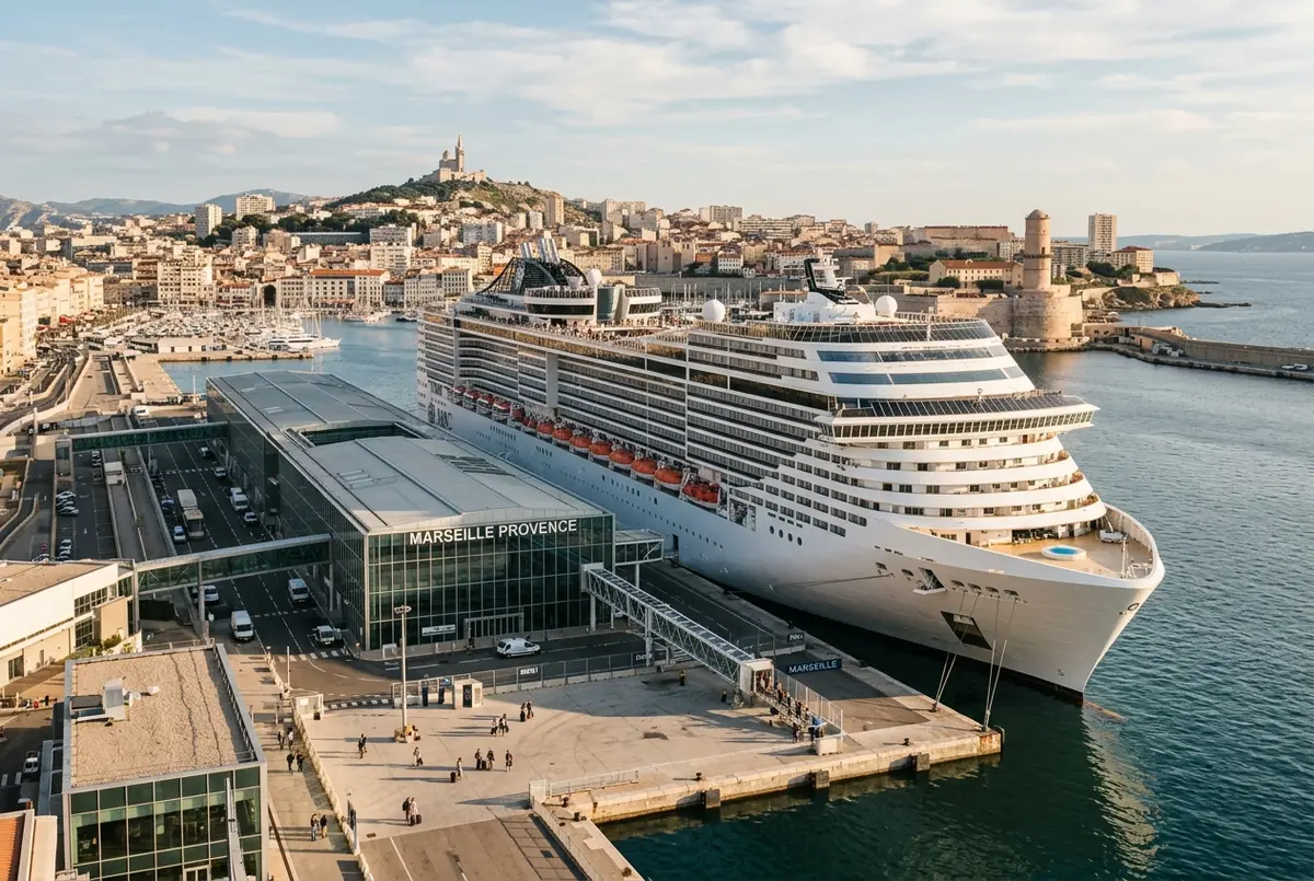 Large cruise ship docked at a modern port terminal in Marseille with the city's coastline and hills visible in the distance under a clear sky