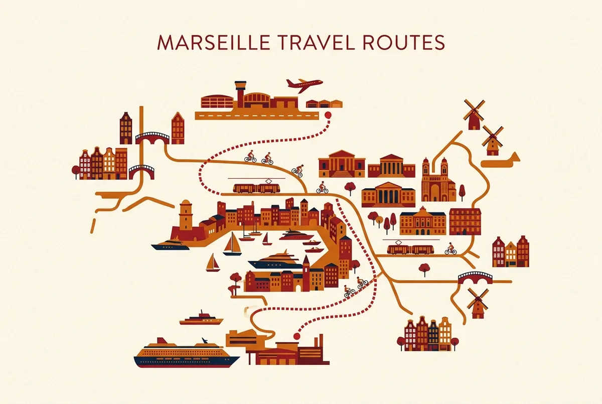 Simple map illustration showing the route from a Marseille cruise ship terminal to the historic Vieux-Port city center and Marseille Provence Airport